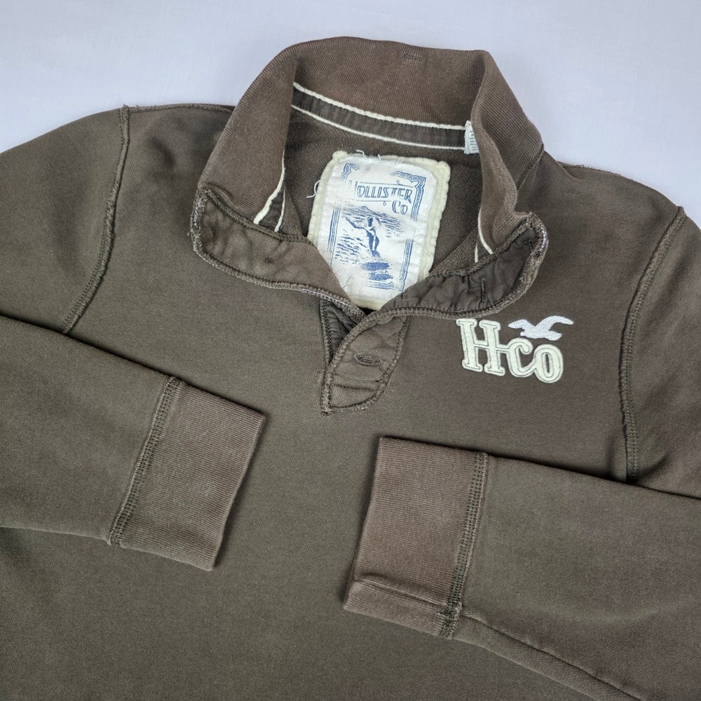 VTG Hollister Mens Brown Henley Pullover Sweatshirt Logo Long Sleeve Large Y2K